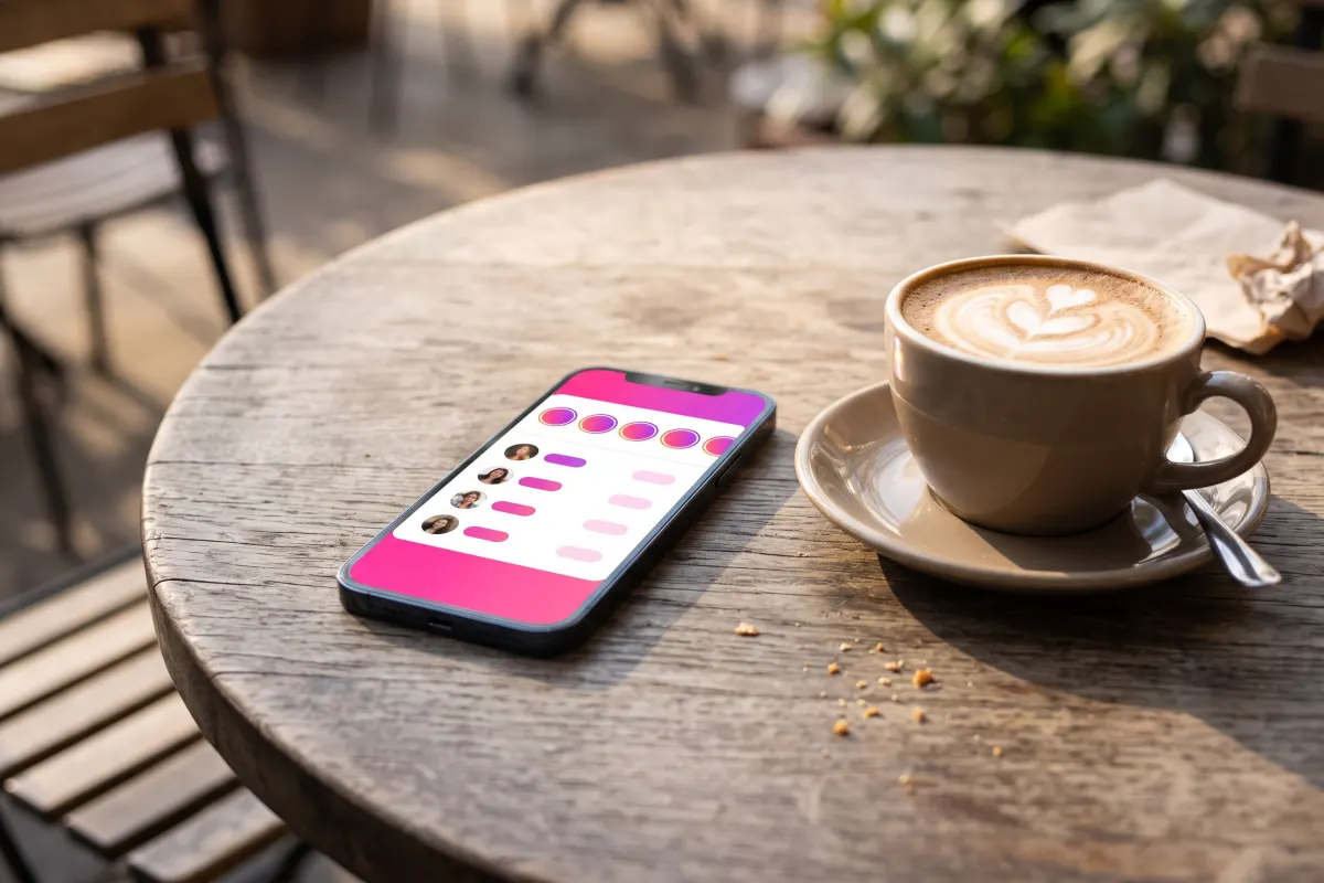 Phone on a café table showing story circles above a dated list of new follows, next to a coffee cup