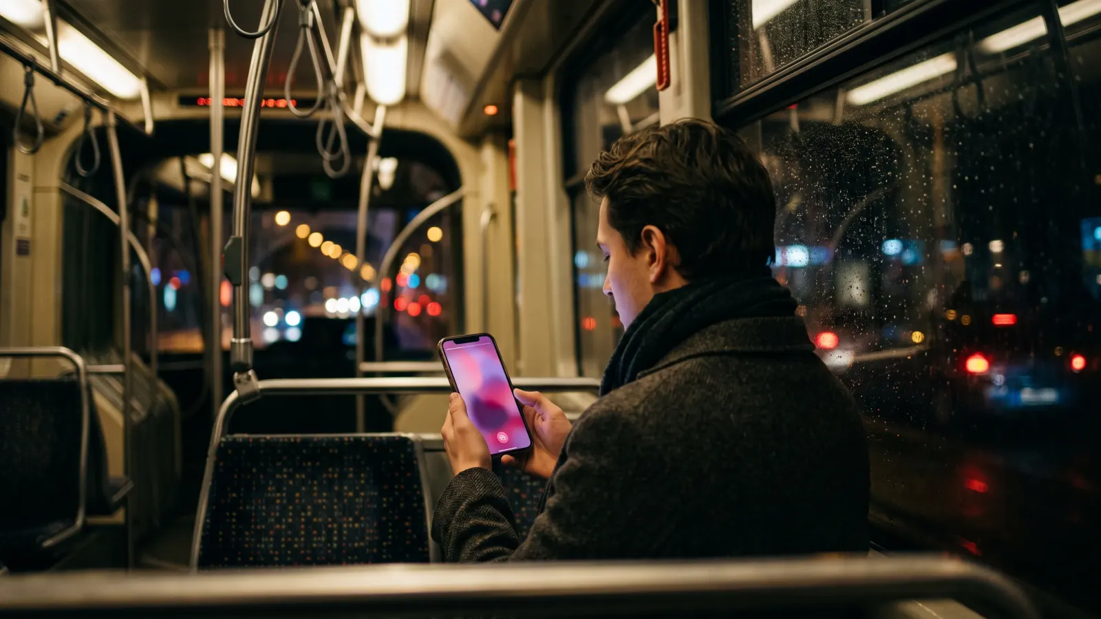 Person on a tram at night holding a phone with a blurred story on screen and a small eye-off icon
