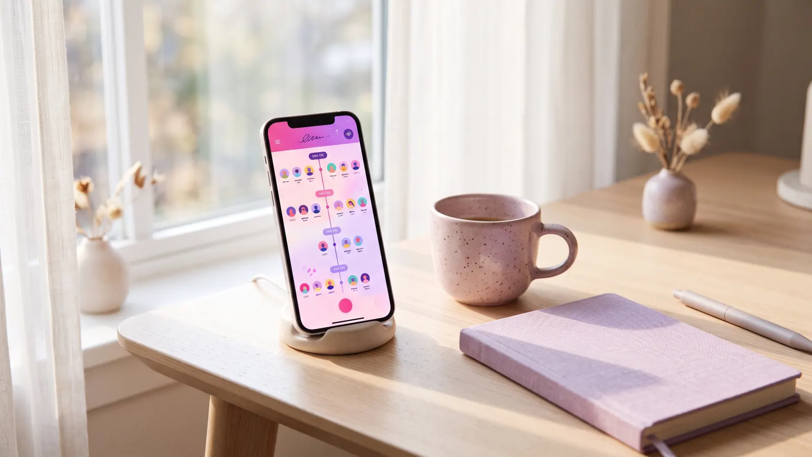 Phone on a desk showing a dated timeline of new follows, next to a coffee cup and a notebook