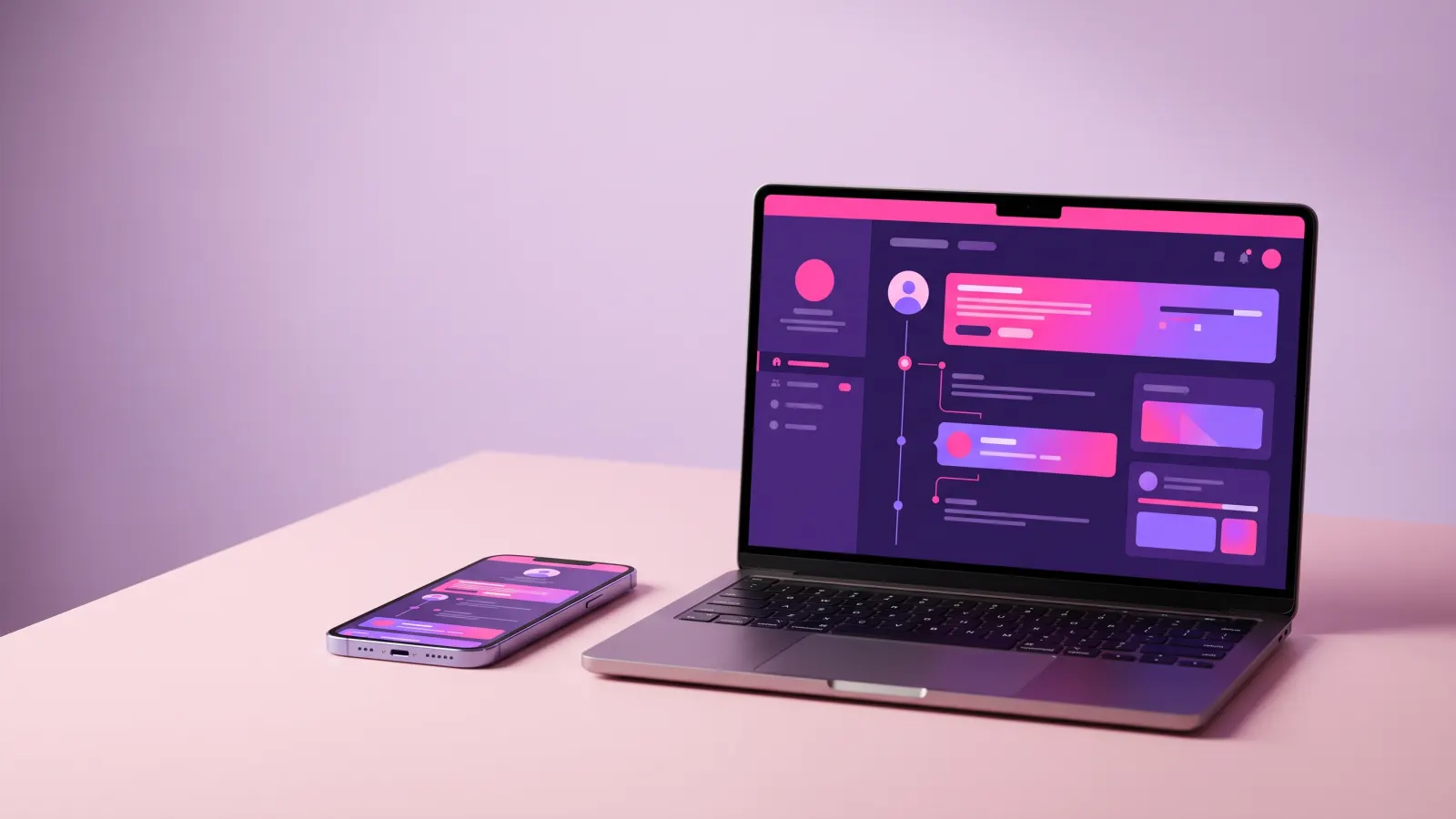 Laptop und Handy nebeneinander mit demselben Follow-Tracking-Dashboard, synchron in Web und App