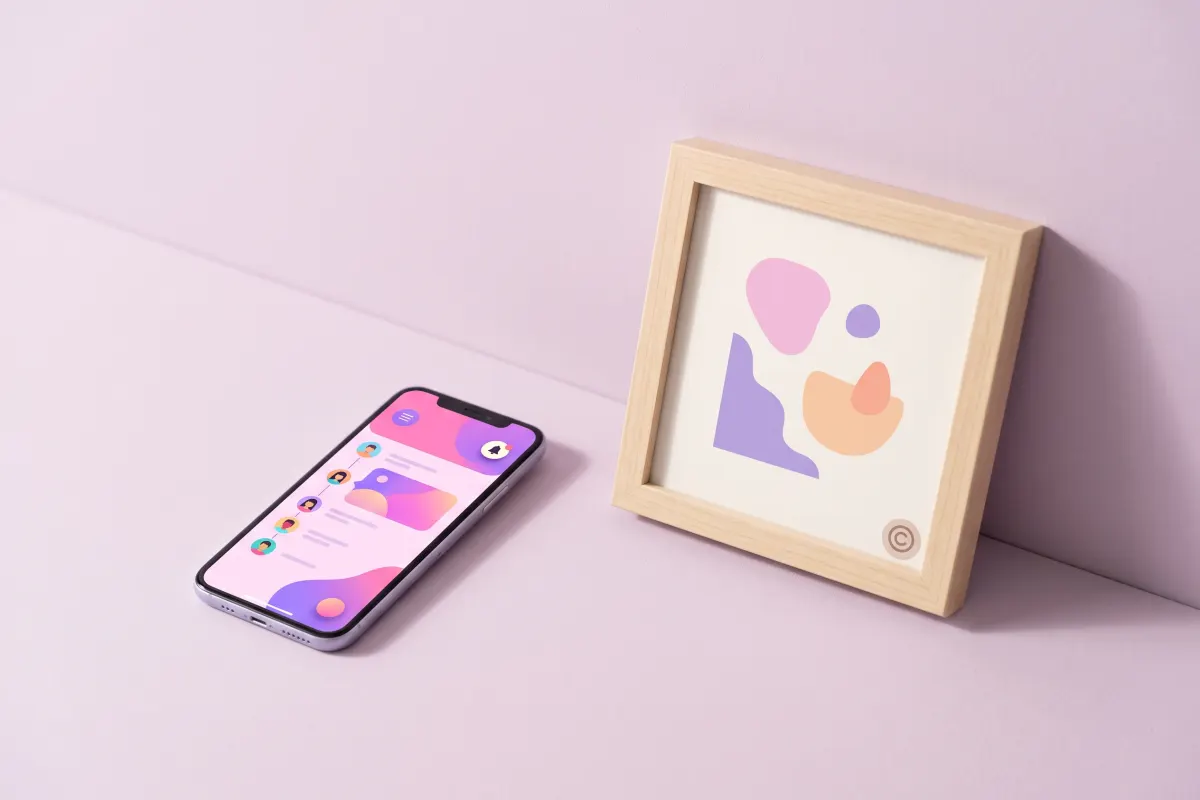 Phone with a follow timeline and alert badge next to a framed abstract artwork, a reminder to respect creators