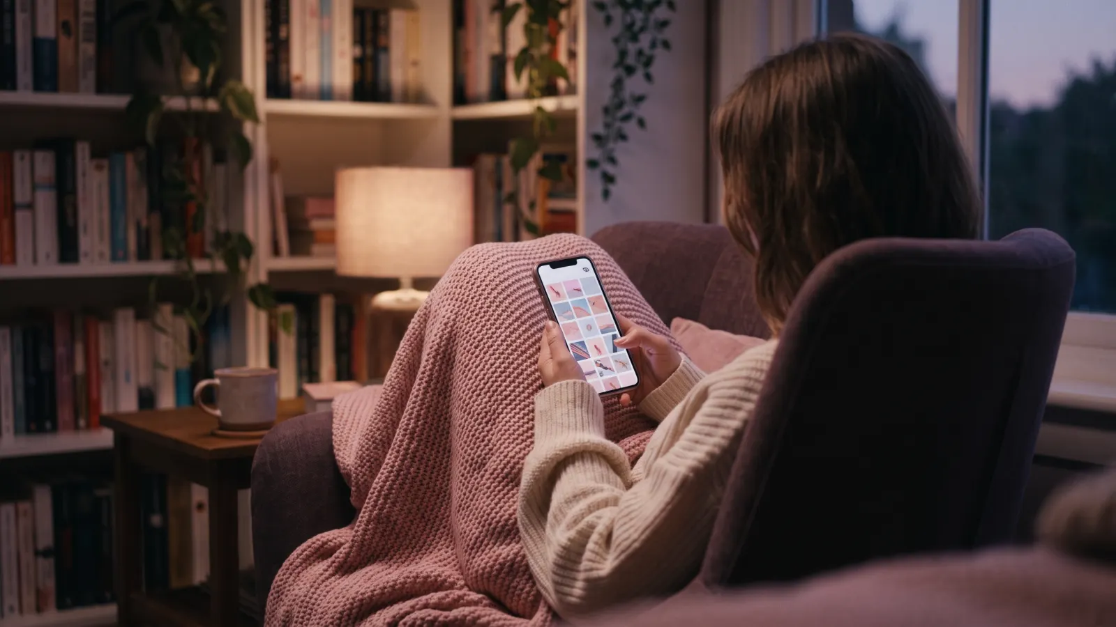 Person in an armchair browsing a grid of images on their phone, with an anonymous viewing icon