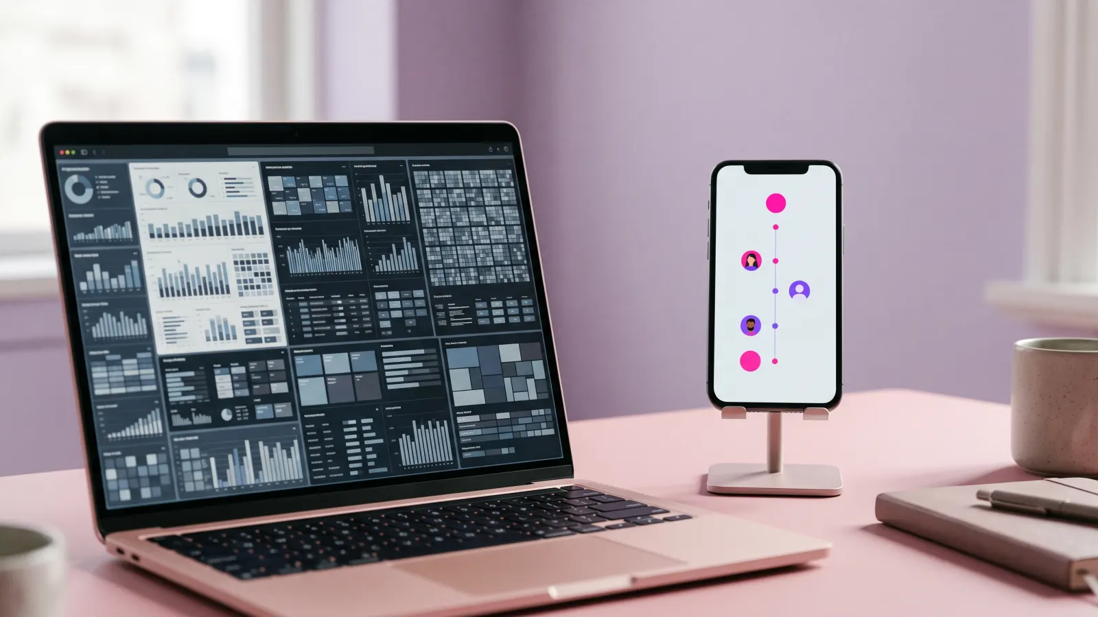 Laptop mit vollem Analyse-Dashboard neben einem Handy, das eine einzige, übersichtliche Follow-Zeitleiste zeigt