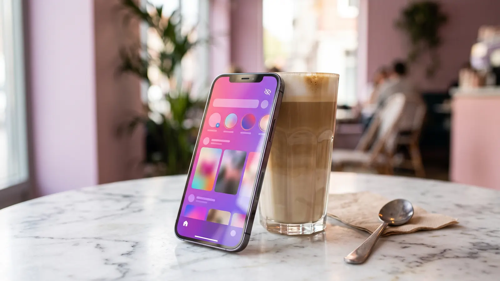 Phone propped against a latte in a café, showing an anonymous story viewer