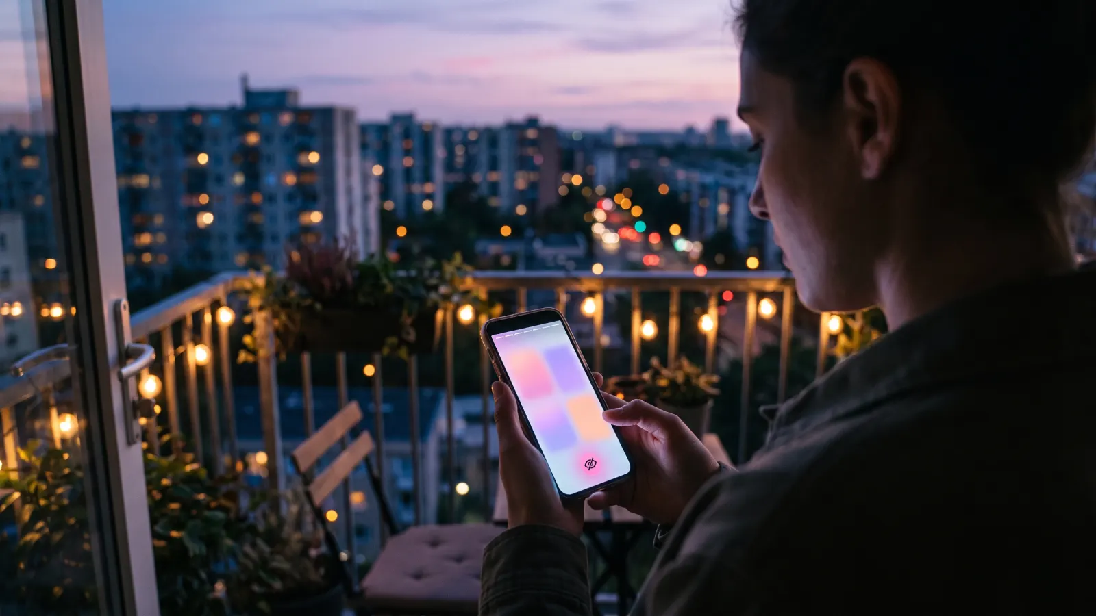 Person on a balcony at dusk watching a story on their phone, with an anonymous viewing icon on screen