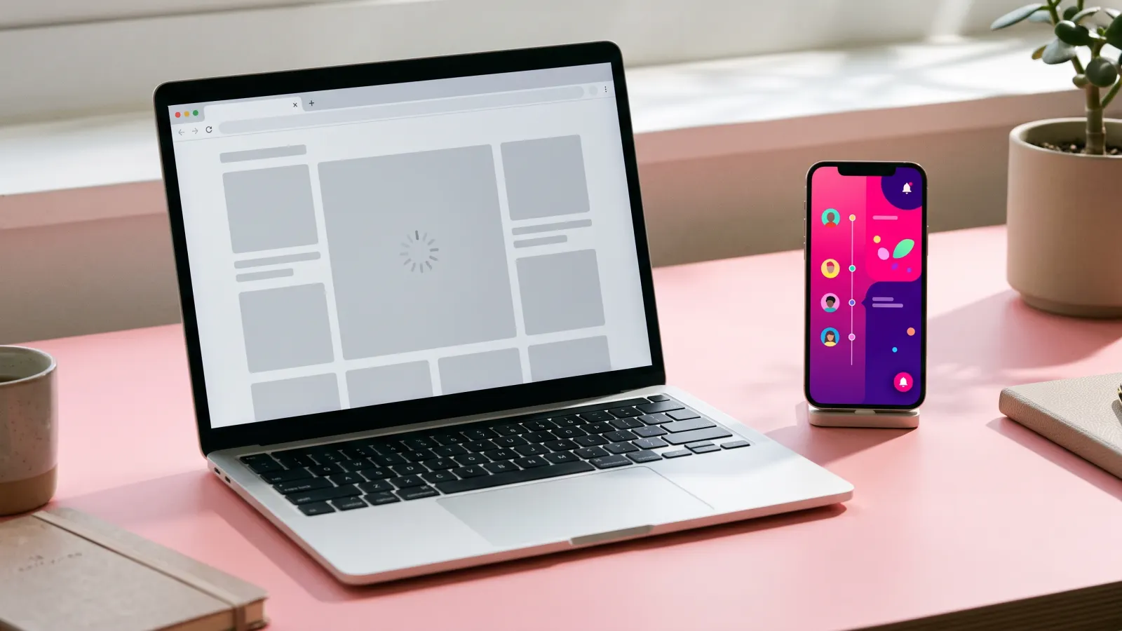 Laptop with a web page that will not load next to a phone showing a working follow timeline with alerts