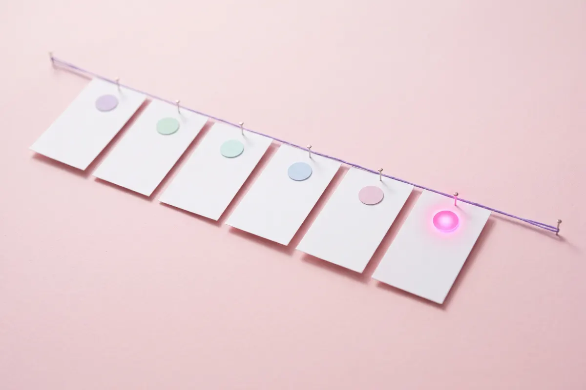 Paper cards pinned in order along a thread, the newest one glowing: a dated timeline of follows