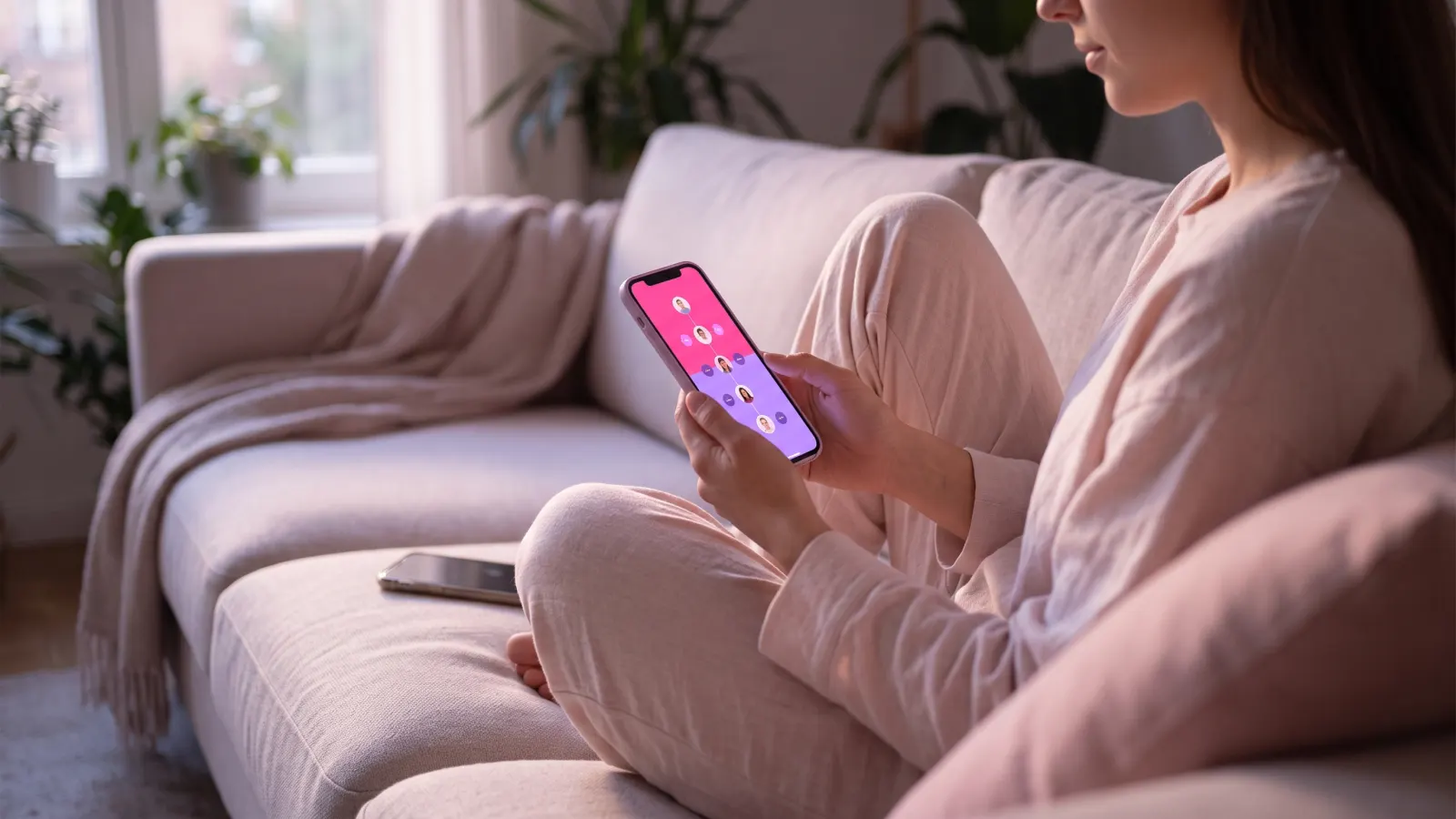Person on a sofa checking a follower timeline on their phone, a second phone lying face down beside them