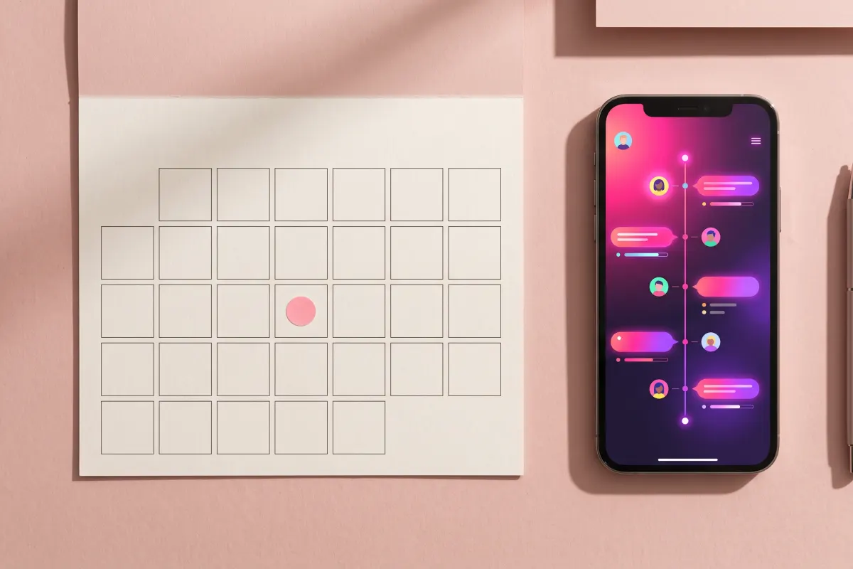Blank calendar page with one marked day next to a phone with a live follow timeline: weekly reports versus live updates