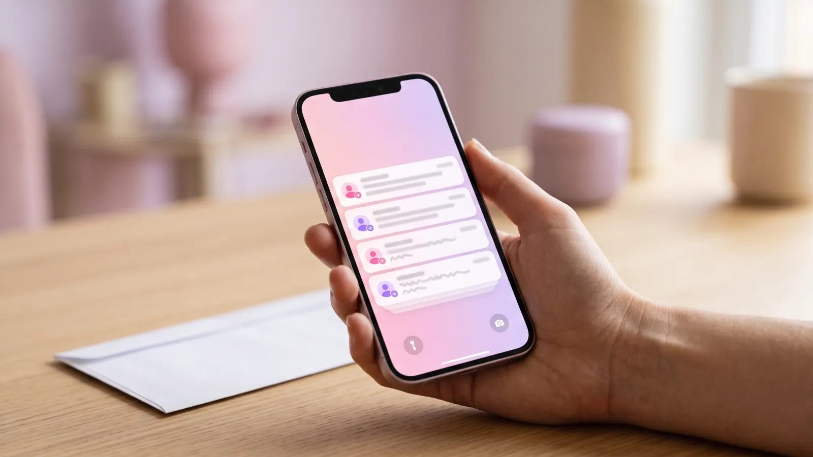 Hand holding a phone with stacked follow alerts on the lock screen, a paper envelope blurred in the background