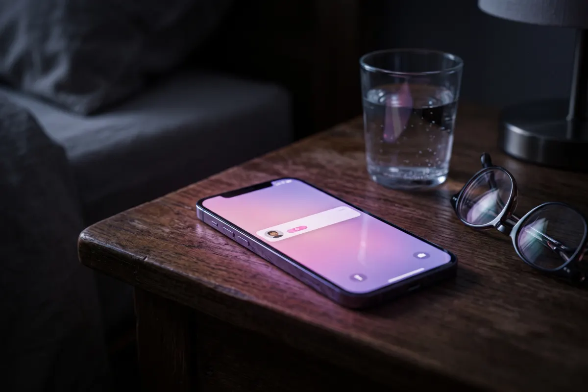 Phone on a bedside table at night with a single notification card on the lock screen