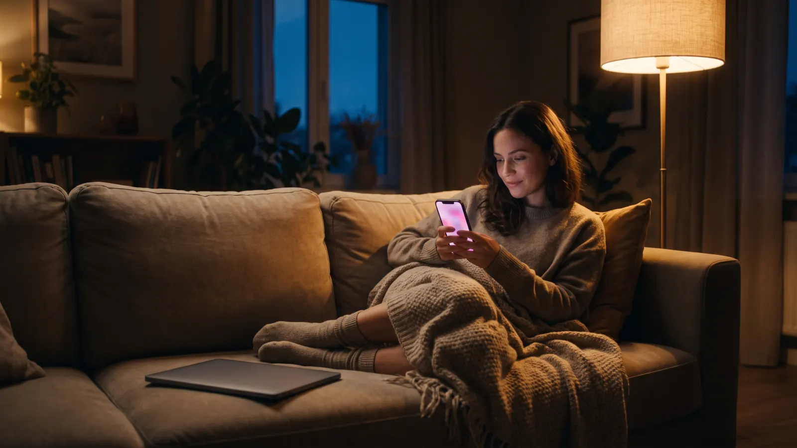 Person on a sofa in the evening looking at a phone with a blurred screen, a closed laptop beside them