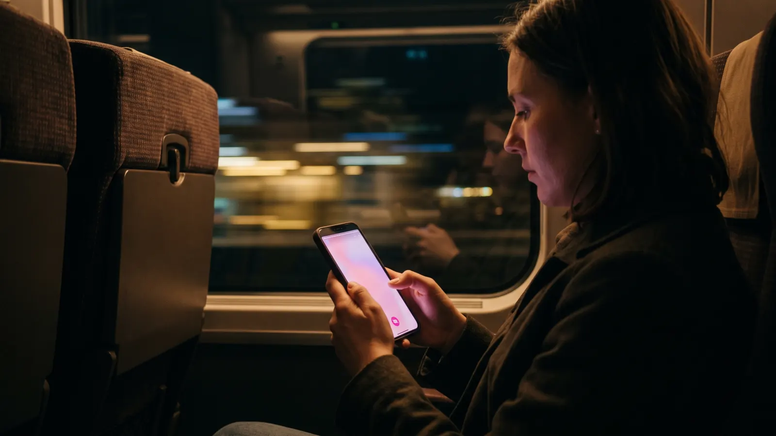 Person on a night train watching a story on their phone, with an anonymous viewing icon on screen