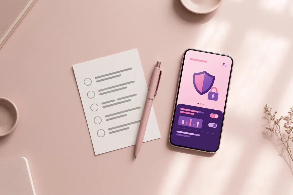 Checklist card, pen and a phone showing a shield and padlock: what to check before you pick a tracker app