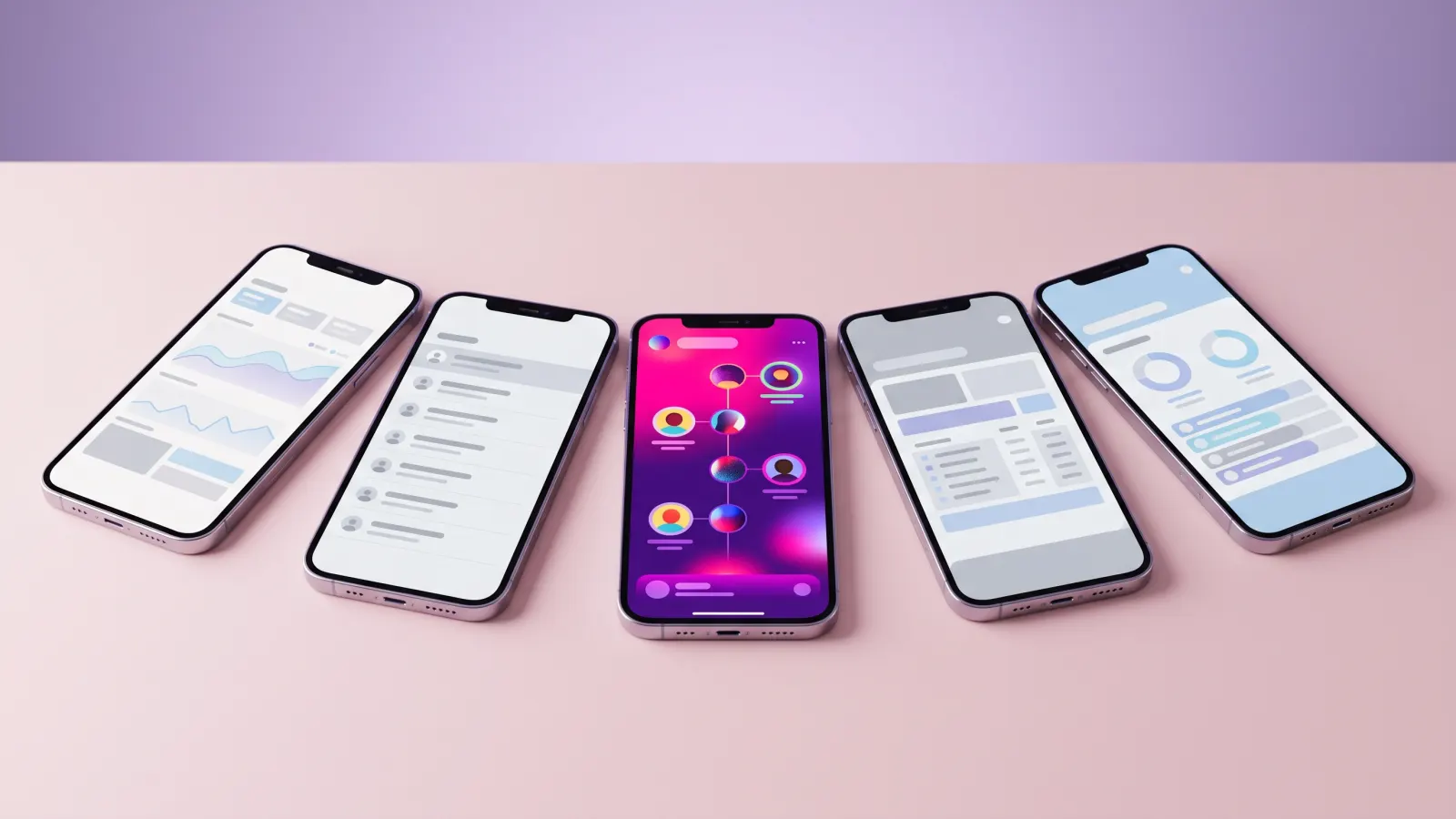 Five phones in a fan on a pink surface, each showing a different tracker app, the middle one a pink and violet follow timeline