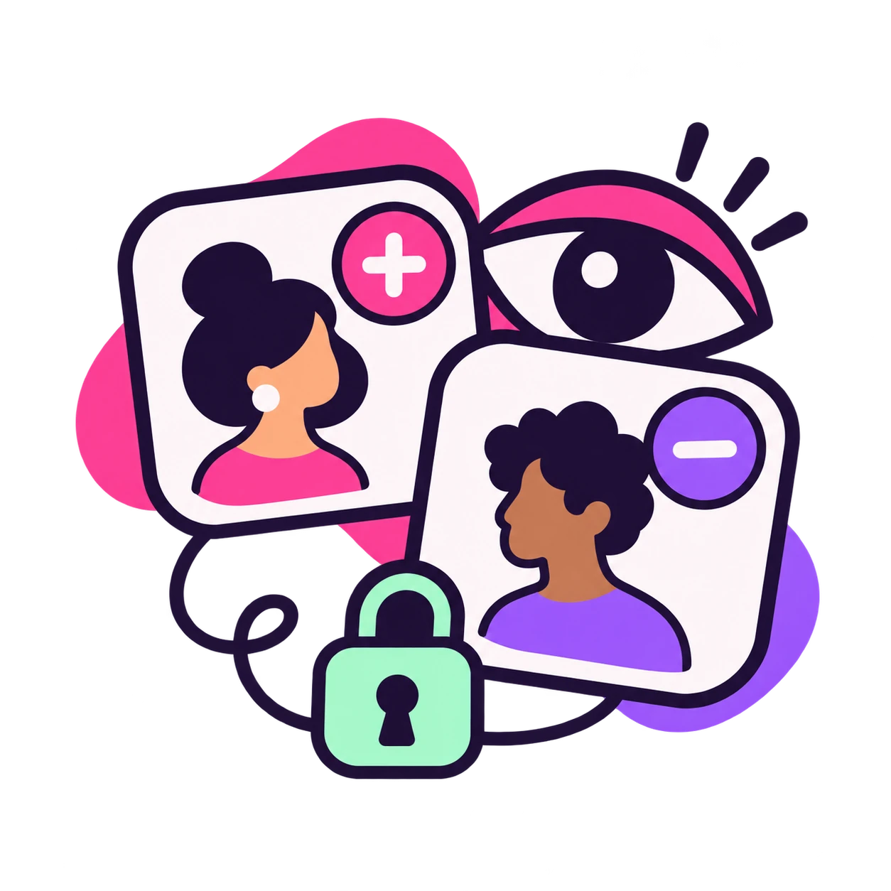 Illustration of private follow tracking with profile cards and a lock