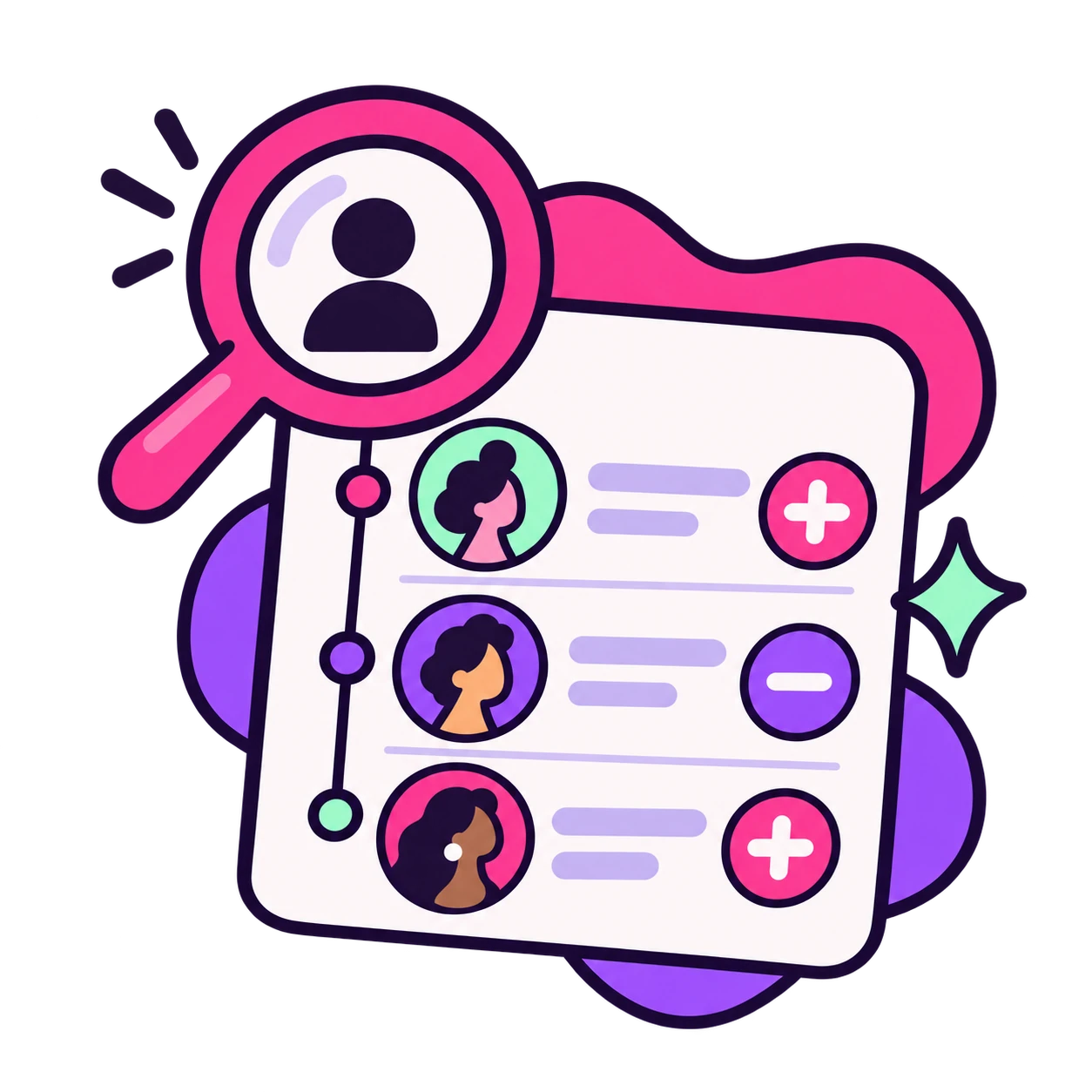 Illustration of a username search connected to a follow activity timeline